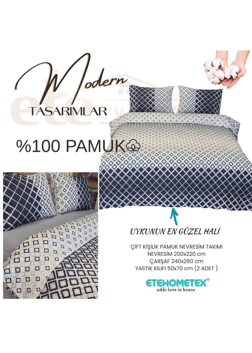 ETEHOMETEX %100 Pamuk Nevresim Takımı ÇİFT KİŞİLİK KARE LACİVERT 8696474232117